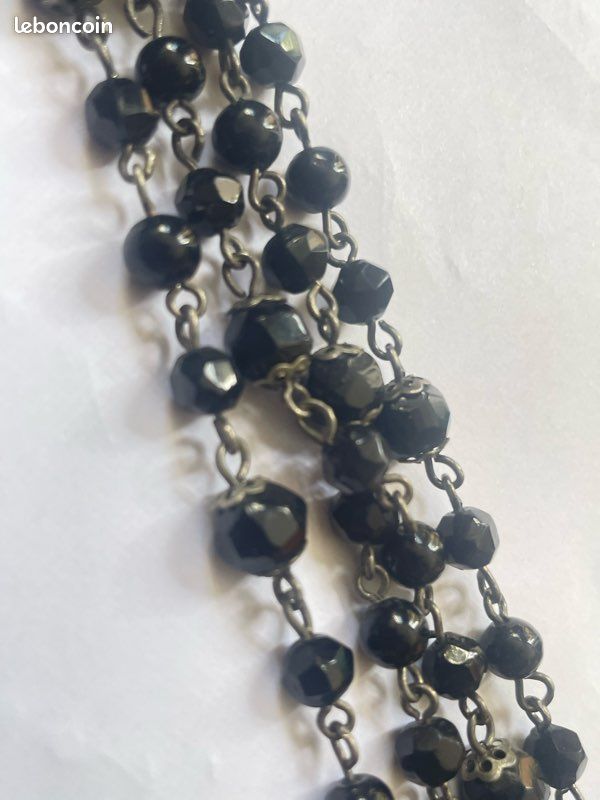 Grand Collier Sautoir Ancien En Jais Verre Noir - Perles Facettées, Bijou Vintage Occasion