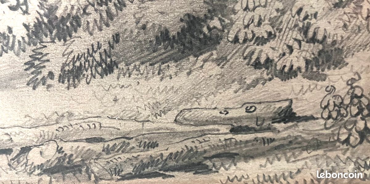 Dessin original 19ᵉ siècle – Maison rivière & grands arbres – Encadrement ancien (image 7)