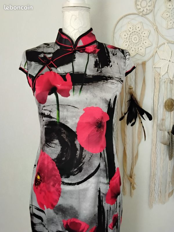 Robe longue cheongsam, noir et rouge, coquelicot (image 2)