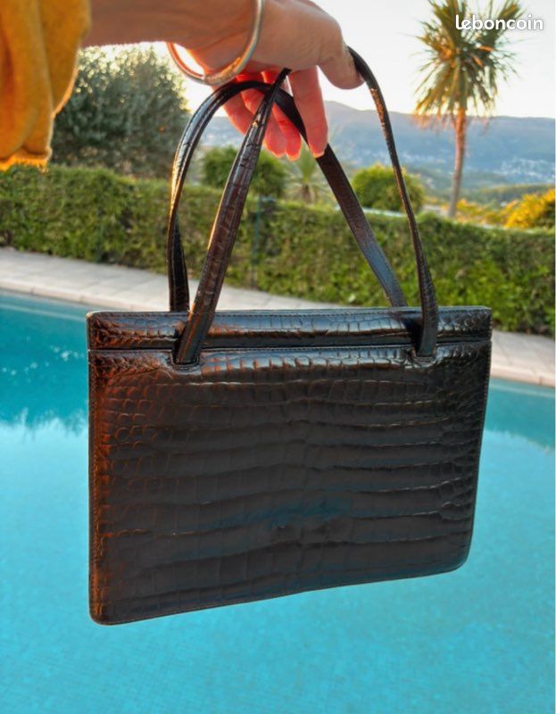 Sac à Main Vintage Vimar Années 60 - Cuir De Crocodile Véritable Marron, Clé Et Cadenas