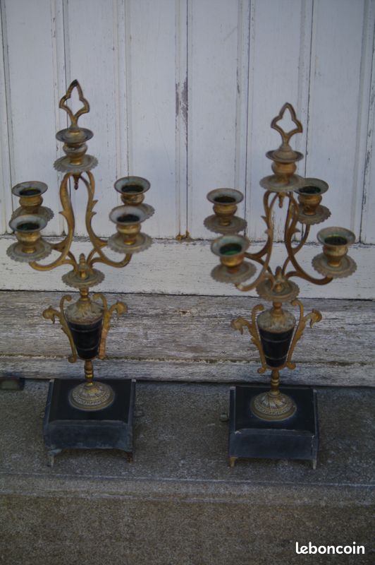 Paire de chandeliers anciens métal doré et marbre (image 3)