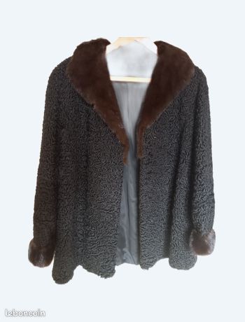 Veste En Astrakan Véritable Noir Vintage - Taille 42-44 - Col Fourrure - Occasion Très Bon état