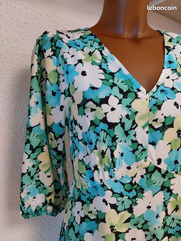 Robe mi-longue à fleurs bleu & vert Papaya (Matalan) - Neuf sans étiquette - Taille 40 (UK 12) (image 3)