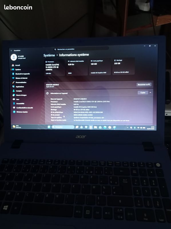 PC portable ACER Aspire i3 RAM 8go SSD 256go Windows 11 famille Pack Office 2021 pro plus Batterie neuf (image 5)
