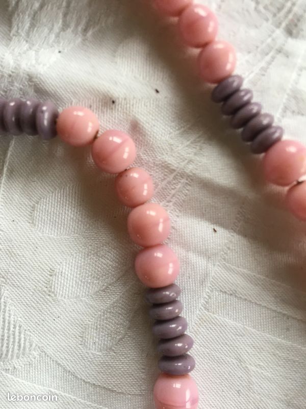 Collier Vintage Années 1950 - Perles Murano œil De Verre - Longueur 45,5 Cm - Mauve Et Rouge