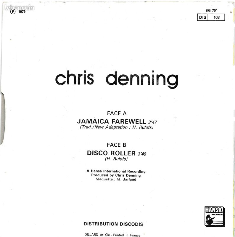 Chris Denning : Jamaica Farewell / Disco Roller [Vinyle 45 Tours 7"] 1979 (image 2)