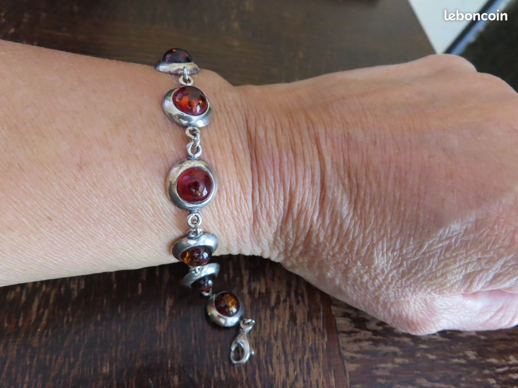 Bracelet En Argent Massif Avec Ambre - Occasion, Pièce Unique, Bijou Naturel