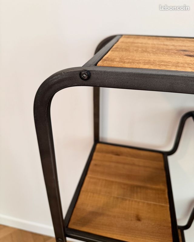 Etagère industriel asymétrique bois métal roulette (image 10)