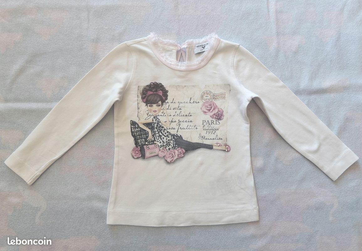 T-shirt Fille Monnalisa Noir Taille 5 - Manches Longues Avec Nœud - Neuf Avec étiquettes
