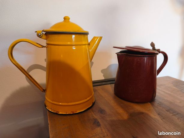 Cafetière en Tôle Emaillée Ancienne Orange/Marron Vintage
