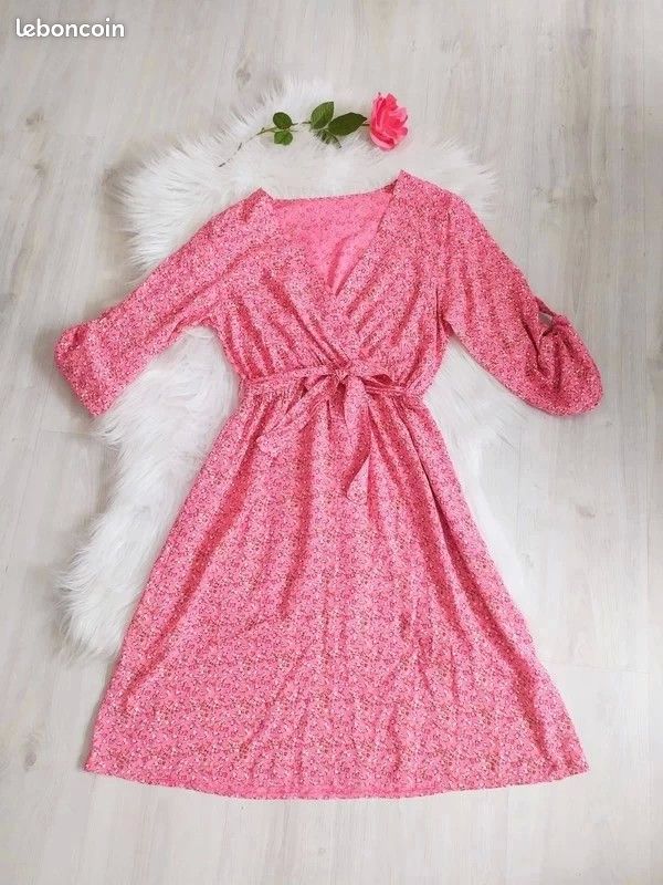 Robe été coton fleuri petites fleurs liberty rétro vintage col cache-coeur ceinture manches 3/4 (image 1)