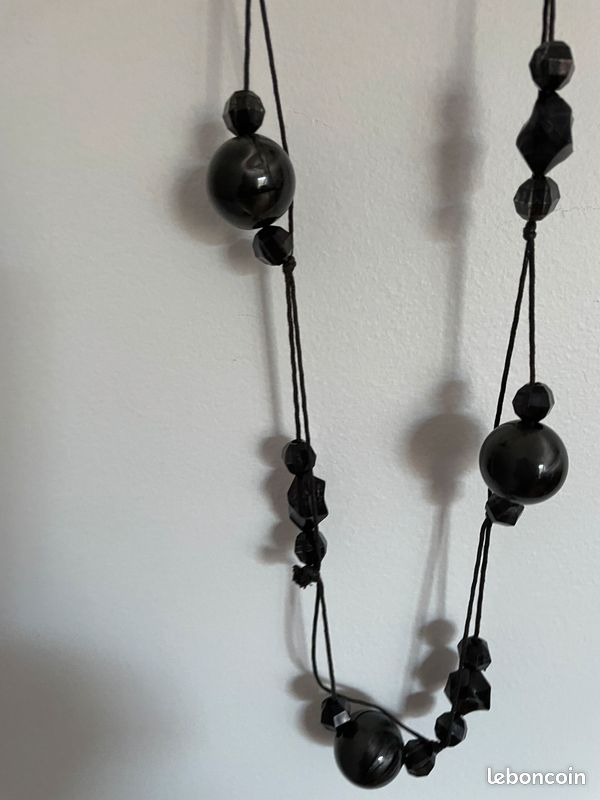 Collier Sautoir Vintage Perles En Verre Gris Et Hématite - 120 Cm - Occasion En Bon état