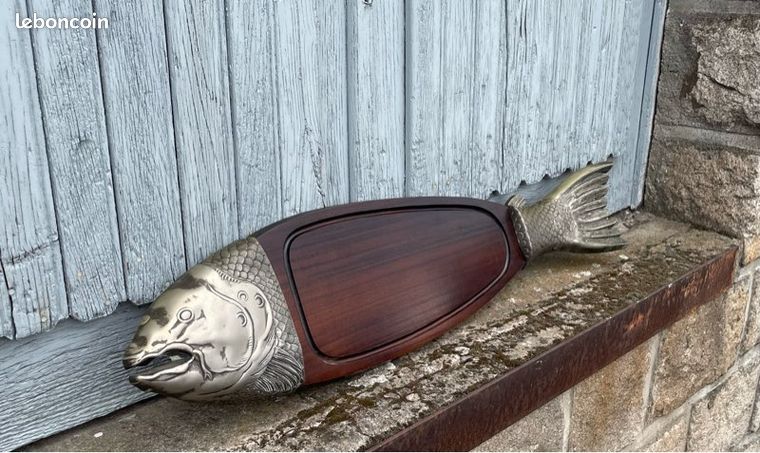Ancienne Planche à Découper En Bois Sculpté - Motif Poisson - 46 Cm - Bon État