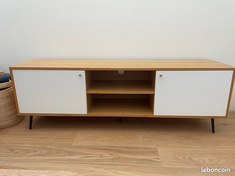 Meuble TV 177 cm, effet chêne et blanc, pieds compas noirs, très bon état (image 1)