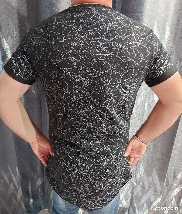 John H Tee Shirt Homme Fantaisie Col Rond Noir & Gris Bas Arrondi Coupe Over size Taille L (image 7)
