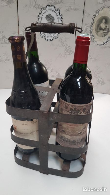 Porte Bouteille Ancien En Métal Et Bois – Casier Vintage 4 Compartiments – France