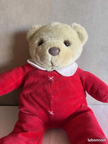 L/ DOUDOU PELUCHE Vintage Ajena Ours Carreaux Vichy Rouge Grelot 30Cm