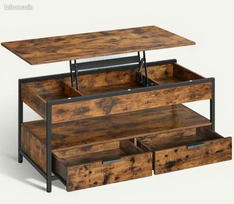 Table basse relevable et tiroirs, couleur bois (image 2)