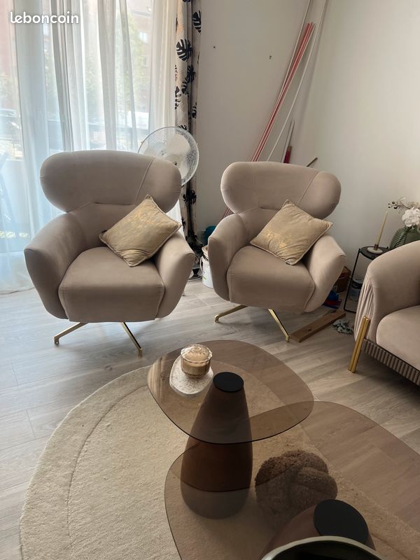 Canapé et 2 fauteuils beige velours (image 3)