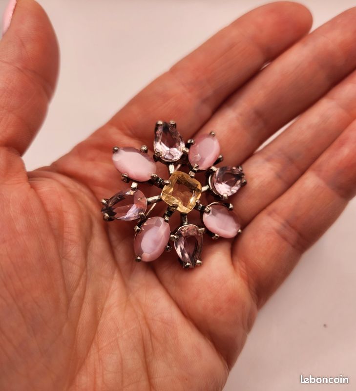 Broche Vintage Rare Or Rose Avec Cristaux Roses, Violets Et Citrine - Modèle 3509, Excellent état