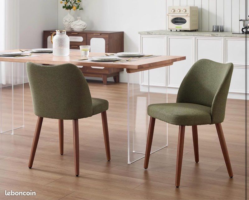 Chaises de Salle à Manger en Lin, lot de 2 Chaise Rembourrée pour Maison et Bureau, Chaise de Cuisine avec Pieds en Bois, Vert (image 2)
