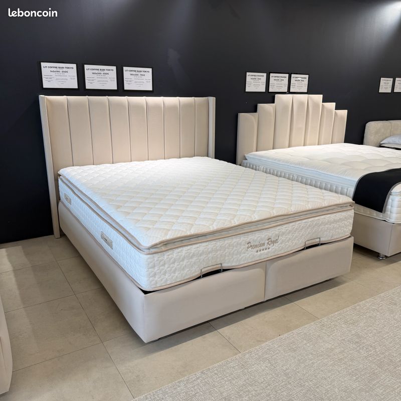 Lit coffre tokyo bari velours beige 160x200 avec sommier intégré et matelas en option 140x190 180x200 90x190 (image 3)