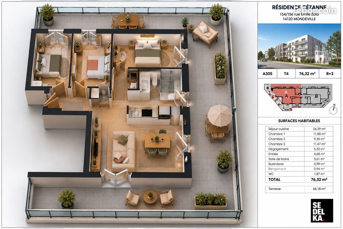 Appartement 4 pièces 76 m² · à Mondeville · 76 m² · 279 000 €