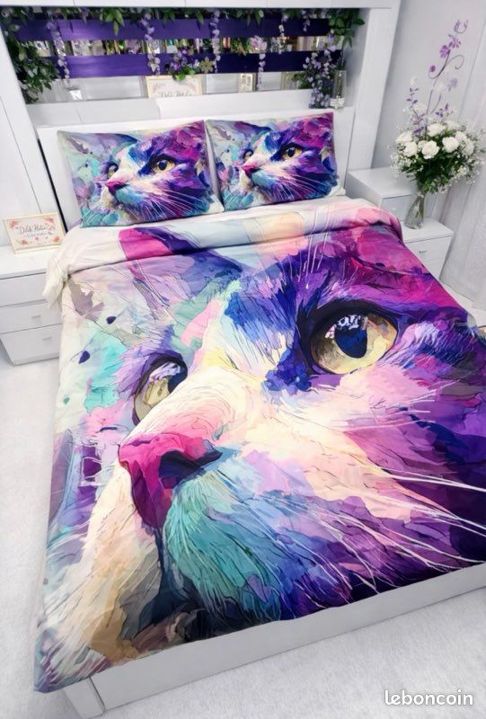 Parure de lit 220x240 – Chat artistique multicolore – Ultra douce (image 4)