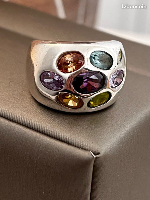 Bague Argent Massif Avec Trio De Pierres - Taille 52 - Style Vintage