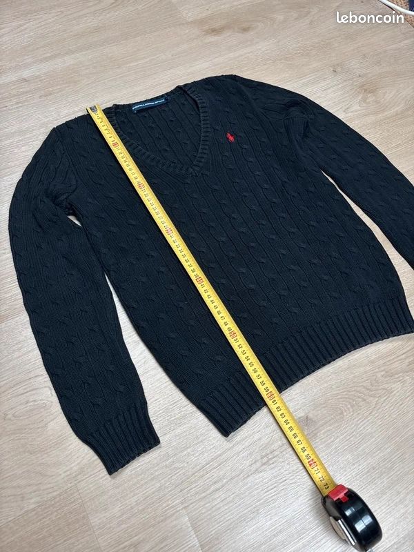 Pull Col Rond en Maille Torsadé Ralph Lauren Noir en Coton Logo Brodé Rouge Taille M Femme (image 7)