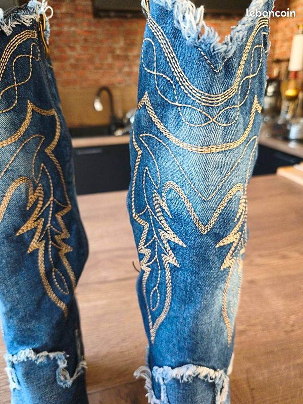 Bottes Western Habillées Homme Faites Main, Cuir Bleu Et Bronzage, Bout Rond, Surpiqûres Capuchon