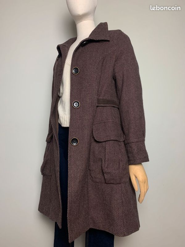 Manteau mi long en majorité laine chiné marron et violine Chattawak #chattawak (image 10)