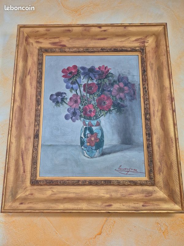 CLAUDE CHAUVIGNAC, ÉCOLE LYONNAISE, " pot fleuri et bouquet d'anèmones" huile sur toile 42 x 33 (6F) (image 1)