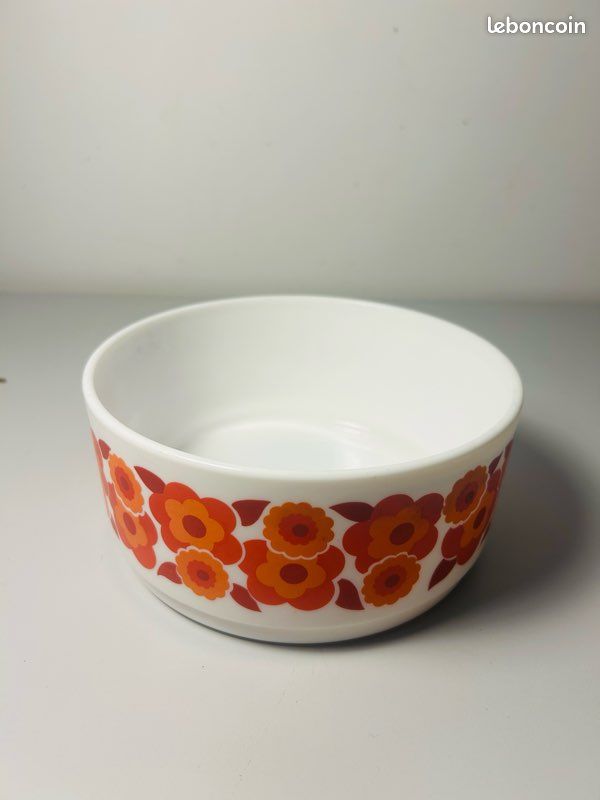 Lot Arcopal Vintage - Saladier Et Plat/beurrier, Décor Fleurs Orange Shell, Très Bon état