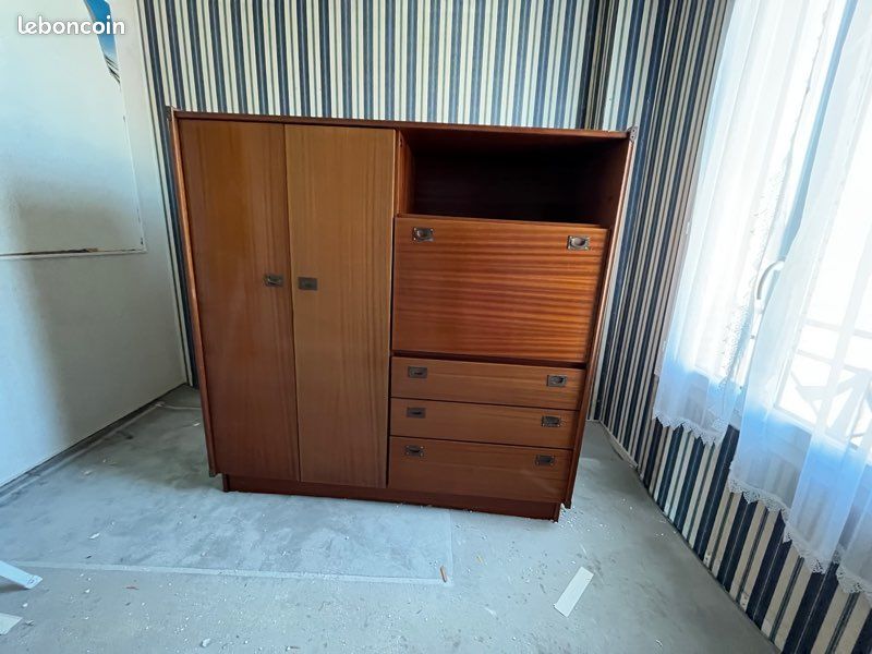 Chambre vintage armoire + lit + sommier + chevet bois massif (image 9)