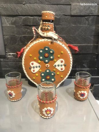 Ancienne flasque de poche verre + godet gobelet liqueur gainé de cuir - Vendu