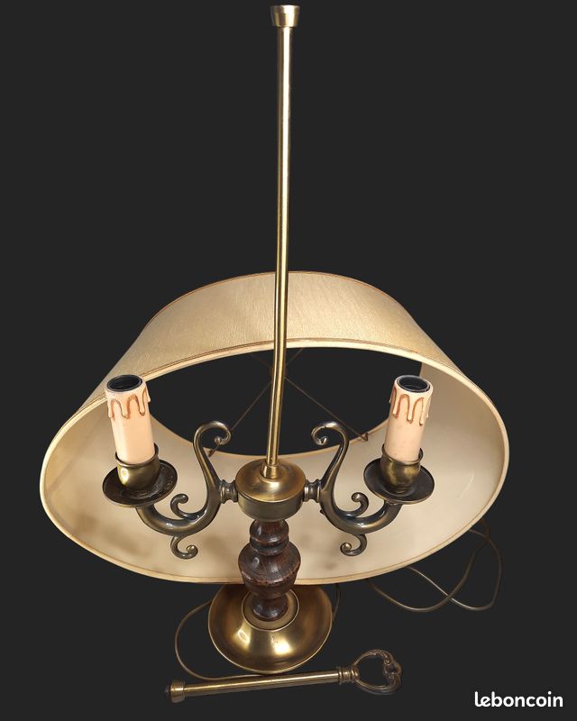 Ancienne et très belle lampe bouillotte Vintage Vacman France laiton & bois tourné 76 cm (image 9)