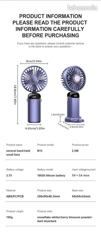 1 Mini ventilateur portatif pliable, ventilateur rechargeable USB à 5 vitesses 1800mAh, Bleu (image 1)