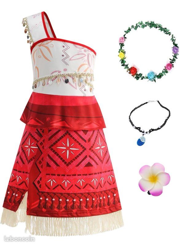 Robe Moana pour fille 130 cm – Costume de princesse Vaiana avec accessoires pour fête et carnaval - Vêtements
