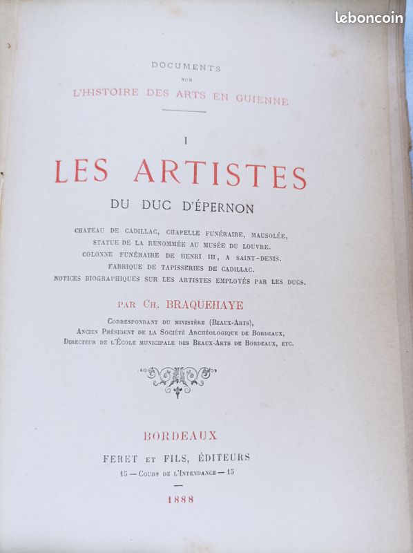 Les artistes du duc d'Epernon -Tome 1 - Ch Braquehaye - Feret et fils - 1888 (image 1)
