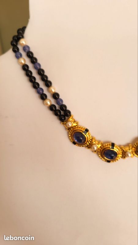Collier Fantaisie Ancien Perles Bleues Et Dorées - Longueur 38 Cm - Occasion Bel état