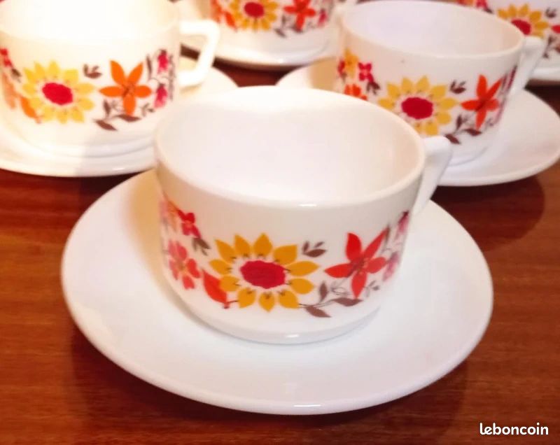 6 Tasses Et Sous-tasses Arcopal France – Motif Fleurs Orange/rouge Vintage