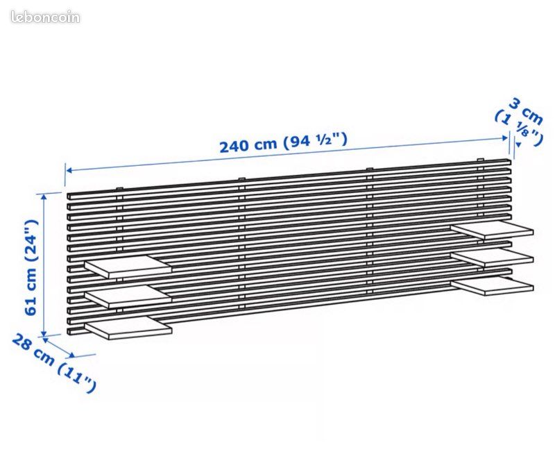 Tête de lit à lattes en bois avec tablettes coulissantes – 240 cm (image 2)