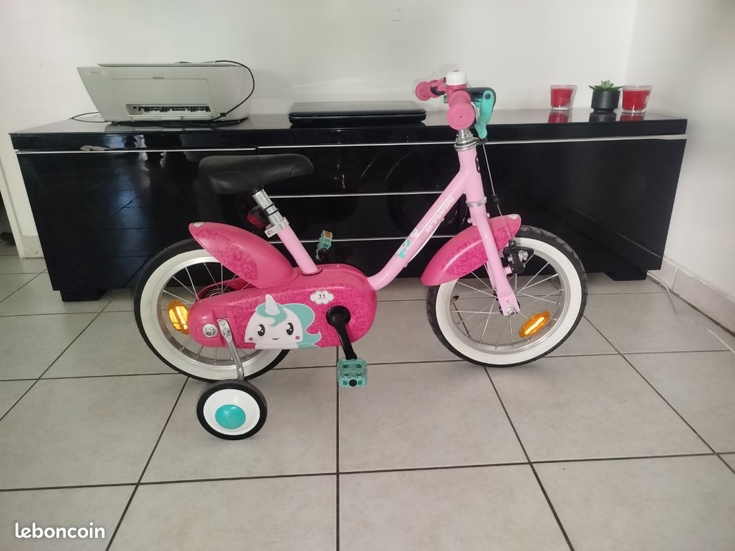 Vélo Licorne 14 Pouces Pour Fille – 3 Ans+, Stabilisateurs, Panier, Coffre, Rose/arc-en-ciel