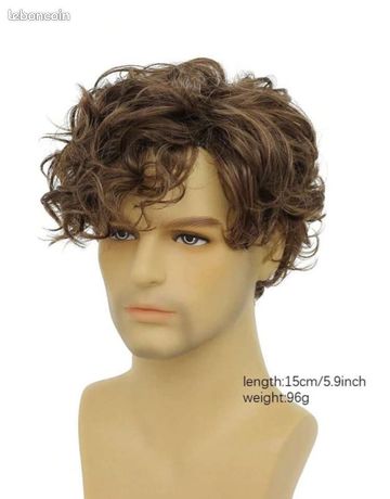 Perruque Synthétique Homme Brun Foncé - Court Bouclé Dégradé Avec Frange + Bonnet