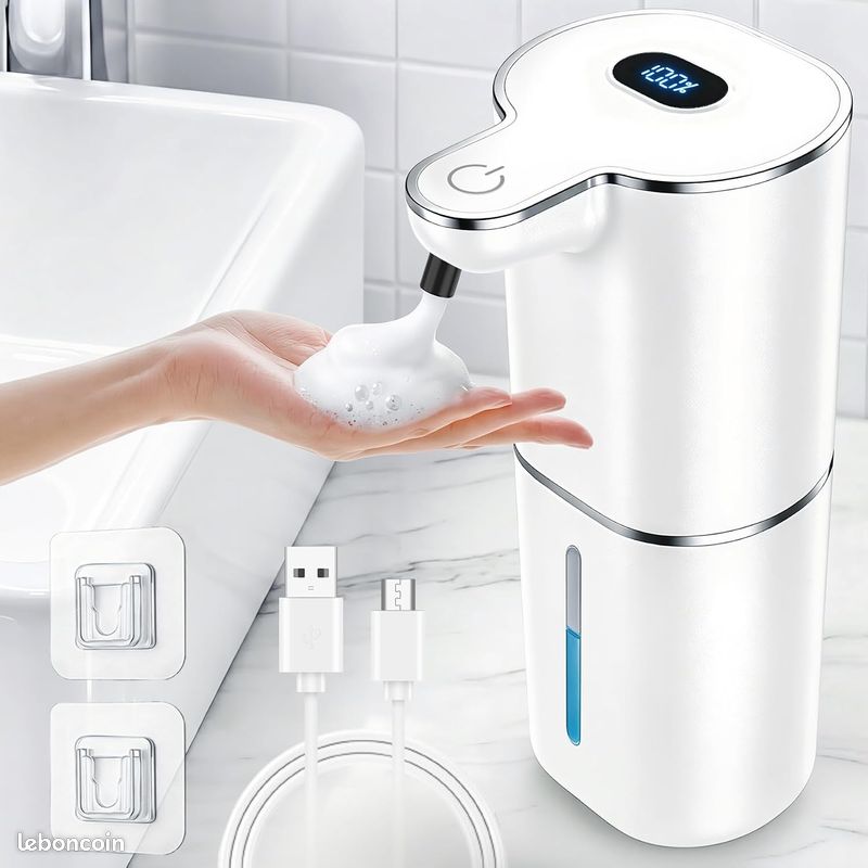 Distributeur de Savon Automatique, Distributeur de Savon Mousse Électrique avec Écran, 6 Niveaux Réglables, Rechargeable USB, Mural/Table, pour Salle de Bain et Cuisine (380ml Blanc) (image 1)