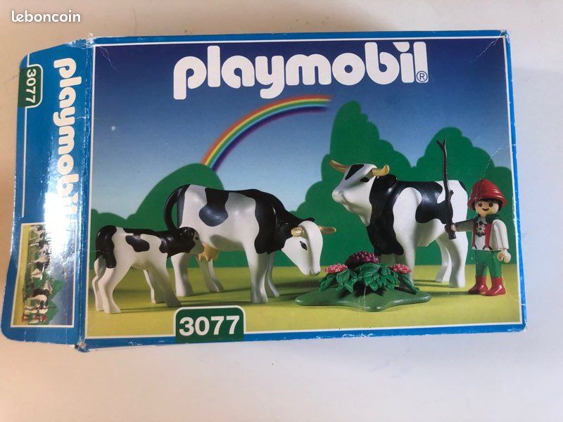 Set Playmobil Vintage 3077 - Ferme Country Avec Famille, Vacher, Vaches Et Chariot, Année 1999