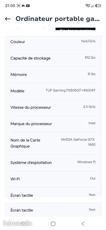 PC portable gamer ASUS TUF Gaming – GTX 1650 – 512 Go SSD (image 6)