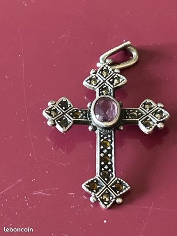 Pendentif Croix En Améthyste Et Argent 925 Vintage Années 1990 - Chaîne 18 Pouces, Fait Main