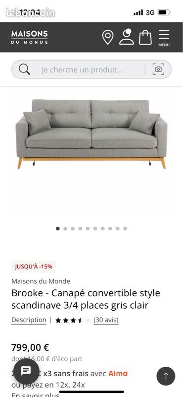 Canapé 3 places gris style scandinave maison du monde convertible - Livraison incluse possibilité dans toute la France - Ameublement
